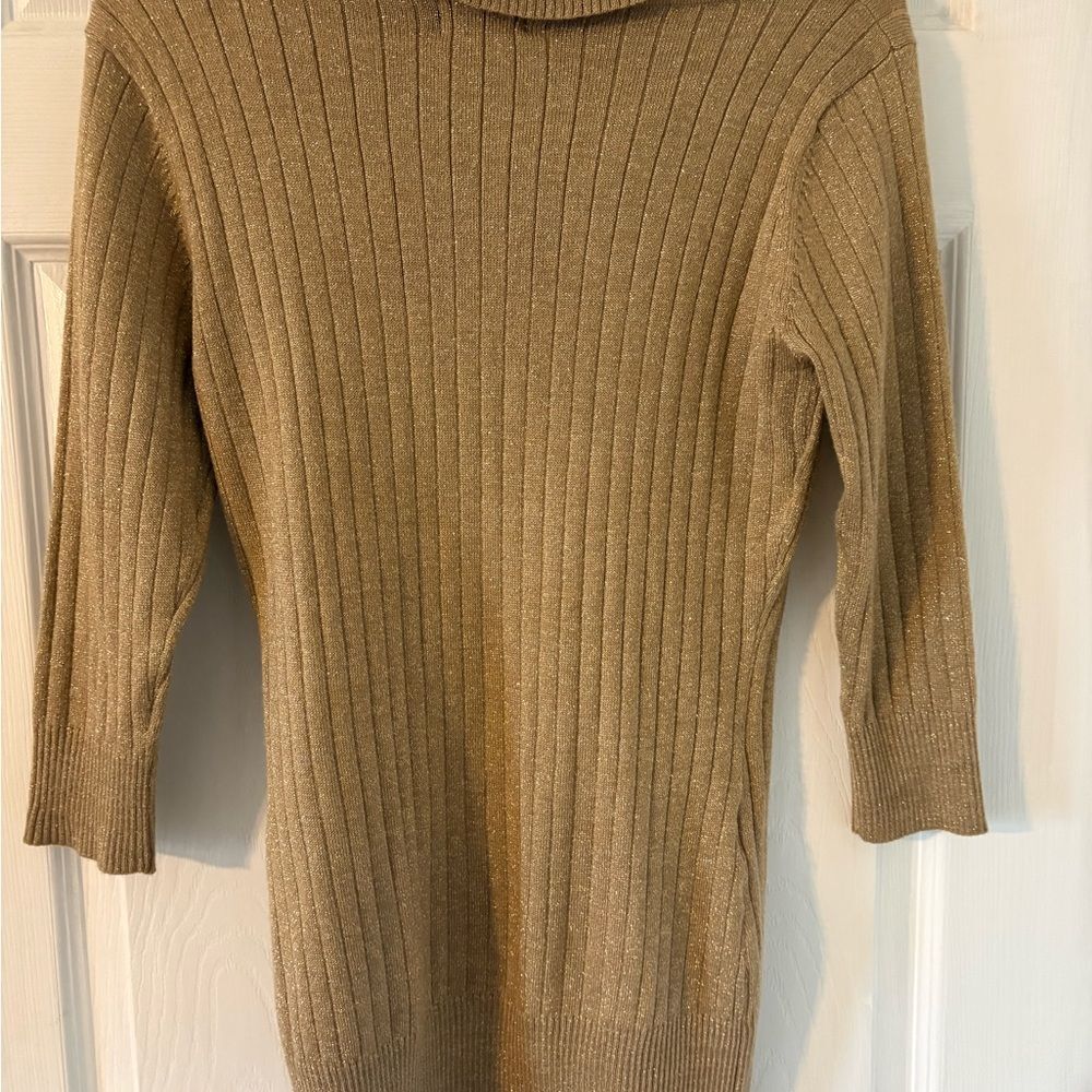 Cowl Neck Metallic Ribbed Tunic Sweater Top Camel Quiet Luxury M - Picture 7 of 7